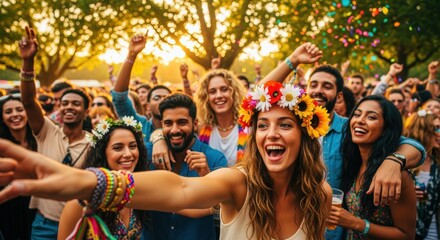 Fototapeta premium Young woman with flower crown takes selfie at outdoor music festival with cheering friends. Golden sunset light filters through trees creating magical atmosphere for summer events.