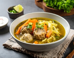 comforting Chicken Soup with meatball, carrots and cabbage serve on a bowl