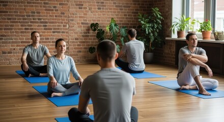 Group of diverse people practicing yoga poses on blue mats in modern studio with exposed brick walls and green plants. Instructor leads meditation session in bright natural light space.