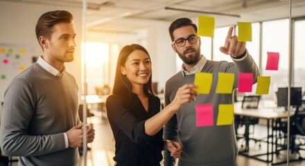 Three business professionals collaborate in a modern office space using colorful sticky notes on a glass wall. The diverse team engages in creative planning and brainstorming session.