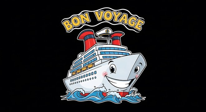 Happy Cartoon Cruise Ship Bon Voyage Greeting Illustration.