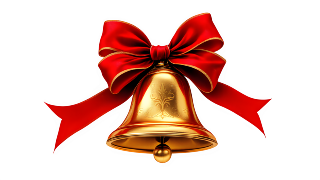 Golden Christmas Bell with Red Ribbon, isolated on transparent background
