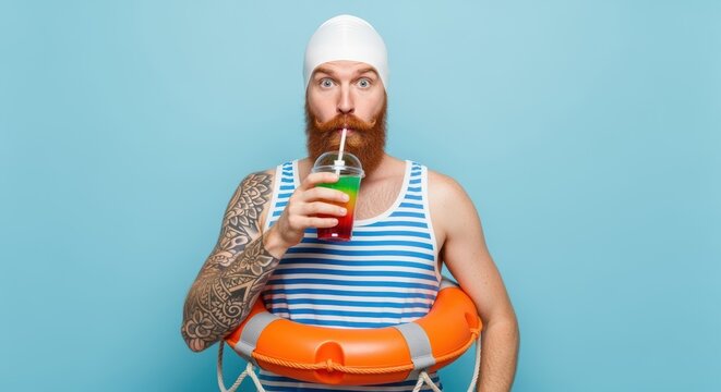 Bearded man in striped tank top and white beanie holds colorful layered drink with straw while wearing orange life ring. His tattooed arm and surprised expression create playful summer vibe. - Powered by Adobe