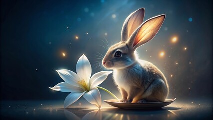 A Gentle Bunny, Illuminated, Poses Gracefully Beside a Delicate White Flower on a Polished Dish
