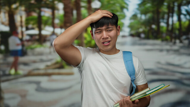 Student holding notebooks in city street looks puzzled with hand on head, wearing casual white shirt and blue backpack amid urban backdrop.