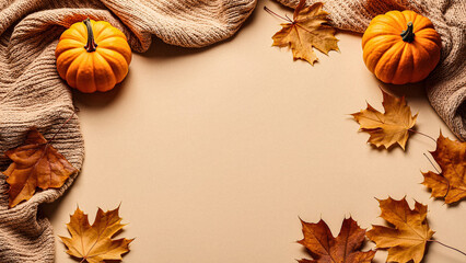Fototapeta premium Cozy autumn vibes with pumpkins and maple leaves on a beige background, perfect for Thanksgiving themes and seasonal promotions this fall season
