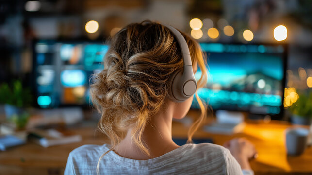 A woman in a home office with dual monitors, engaging in virtual collaboration with headphones, remote work dual monitor, female digital nomad, virtual team collaboration, home off - Powered by Adobe