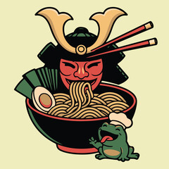 Japanese Food Art. Fierce Oni Mask with Ramen and Frog Graphic