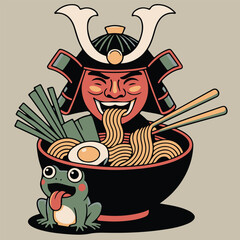 Japanese Food Art. Fierce Oni Mask with Ramen and Frog Graphic