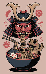Japanese Food Art. Fierce Oni Mask with Ramen and Frog Graphic
