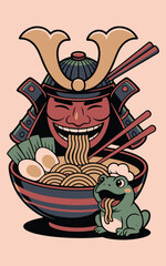 Japanese Food Art. Fierce Oni Mask with Ramen and Frog Graphic