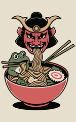 Japanese Food Art. Fierce Oni Mask with Ramen and Frog Graphic