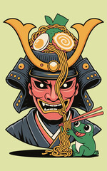 Japanese Food Art. Fierce Oni Mask with Ramen and Frog Graphic