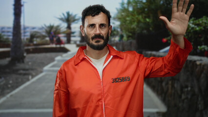 Naklejka premium Hispanic man in orange prison jumpsuit outdoors raising hand on a street lined with palm trees and greenery, creating a contrast between confinement and freedom.