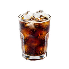A glass of dark soda filled with ice cubes sits against a black backdrop drops of condensation covering the glass bubbles floating