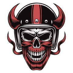 Vintage Biker Skull in Helmet with Devil Horns and Tusk Vector