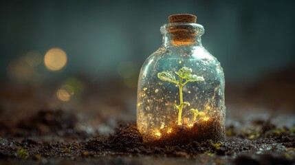 Young Plant Growing in a Glass Bottle With Sparkling Soil