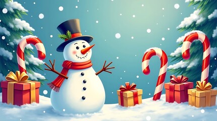 Cute Christmas Greeting Card with Cartoon Snowman, Candy Canes, and Gifts under Snowy Fir Tree