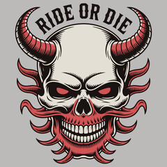 Vintage Biker Skull in Helmet with Devil Horns and Tusk Vector