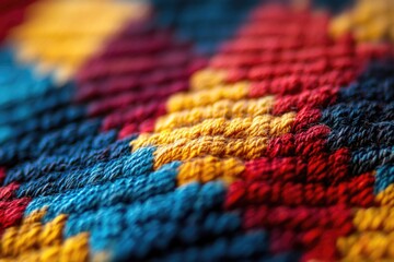 Fototapeta premium A vibrant, richly textured close-up of a colorful woven or knitted fabric, showcasing intricate patterns of yellow, blue, red, and dark threads.