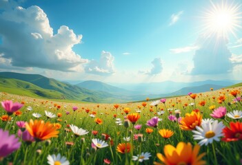 Vibrant Wildflower Field Under Bright Blue Sky with Fluffy White Clouds in Tranquil Nature Landscape