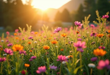 Obraz premium Vibrant Wildflower Meadow Full Bloom Colorful Flora Scenic Seaside Pastoral Bliss Nature Escape