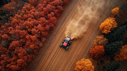 Aerial view of tractor plowing field during fall harvest season framed by colorful foliage