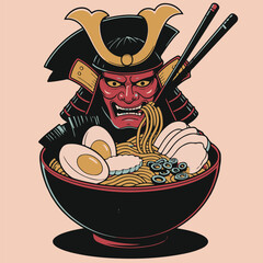 Japanese Food Art. Fierce Oni Mask with Ramen and Frog Graphic