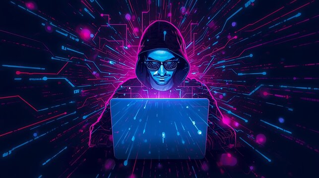 Futuristic Hacker Working On A Laptop In A Digital Cyber Attack Scene
