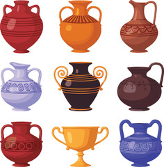 Ancient vase and amphora vector set with cultural pottery designs, decorative ceramic shapes, historical art styles, and traditional vessel illustrations