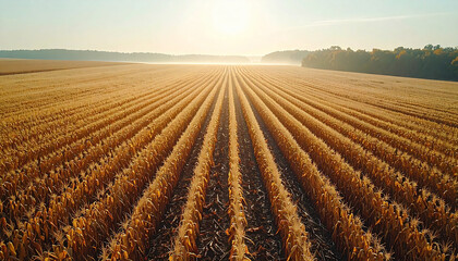Minimalist Aerial View: Post-Harvest Corn Stubble Field under Hazy Afternoon Sun