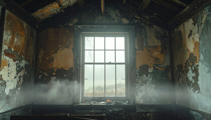 Gothic New England Meetinghouse in Dense Fog: Solitary Light in a Stained-Glass Window