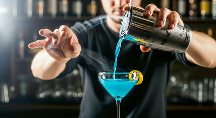 A bartender pouring a colorful cocktail from a shaker into a glass an action shot of mixology and nightlife with copy space