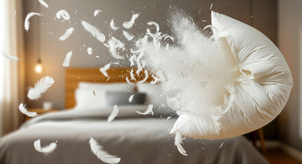 A white feather pillow exploding during a pillow fight with feathers flying everywhere an action shot of fun and playful energy with copy space