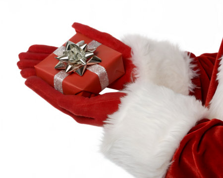 A red gift box with a silver ribbon and bow held in a gloved hand. The background is transparent, emphasizing the festive theme.