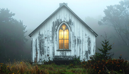 Gothic New England Meetinghouse in Dense Fog: Solitary Light in a Stained-Glass Window