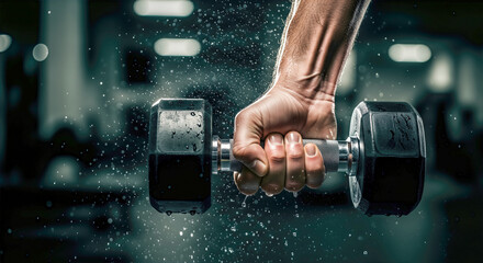 An athlete's hand gripping a dumbbell with sweat droplets flying off an action shot of an intense workout and determination with copy space