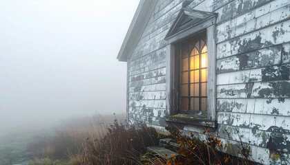 Gothic New England Meetinghouse in Dense Fog: Solitary Light in a Stained-Glass Window