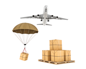 An airplane in flight above a parachute dropping a cardboard box onto a wooden pallet stacked with boxes. Isolated on a transparent background.