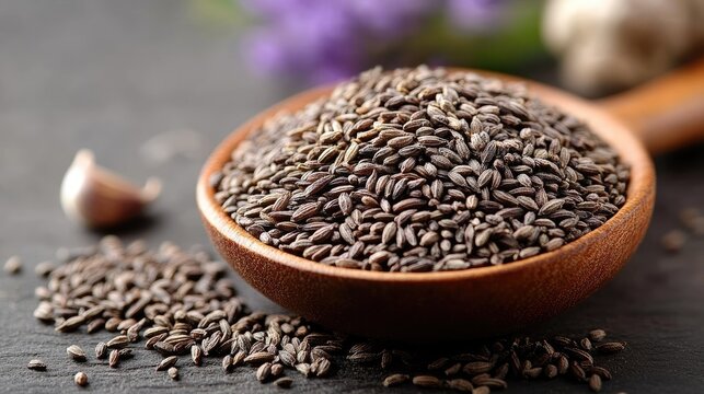 An abundance of aromatic cumin seeds displayed in a wooden spoon, alongside garlic cloves and