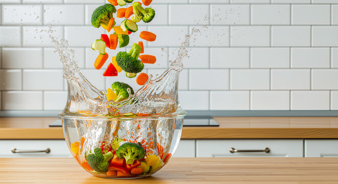 Fresh colorful vegetables falling into clear water with a big splash an action shot for healthy eating and clean food with copy space