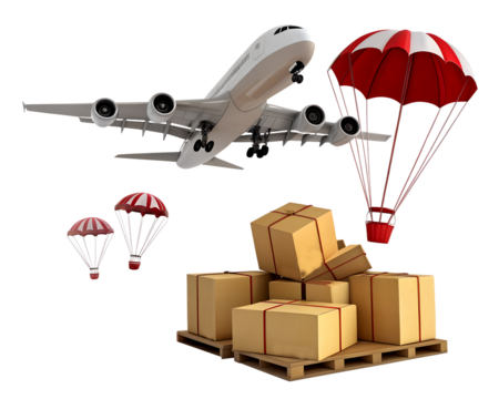 An airplane drops packages using parachutes. Three red and white parachutes descend towards a stack of cardboard boxes on a wooden pallet.