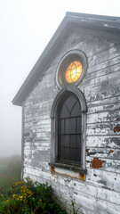 Gothic New England Meetinghouse in Dense Fog: Solitary Light in a Stained-Glass Window