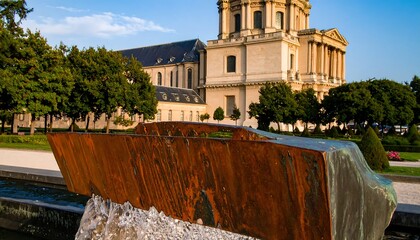 Weathered bronze sculpture in foreground, grand building backdrop