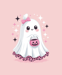 Fototapeta premium Adorable Kawaii Ghost with Pumpkin Bucket Illustration