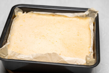 Freshly Baked Lemon Cake in Baking Tray – Homemade Dessert Photo