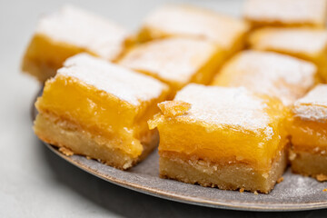 Lemon Bars with Powdered Sugar on Plate – Homemade Dessert