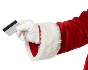 A gloved hand in a red Santa Claus suit holds a blank credit card. The background is transparent, emphasizing the isolated subject.