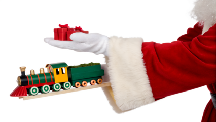 A Santa Claus figure in a red suit with white fur cuffs holds a toy train in one hand and small red gift boxes in the other. The background is transparent.