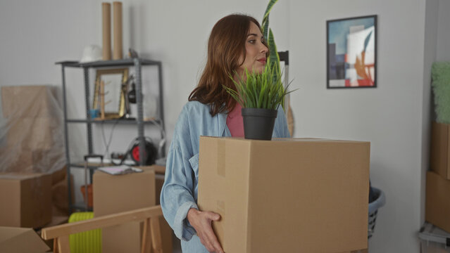 Woman carrying box in living room of new apartment surrounded by moving supplies and decor, reflecting young adulthood and homeownership transition.